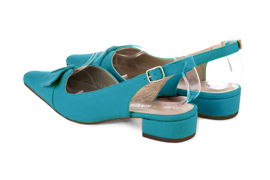 Turquoise blue women's open back shoes, with a knot. Tapered toe. Low block heels. Rear view - Florence KOOIJMAN